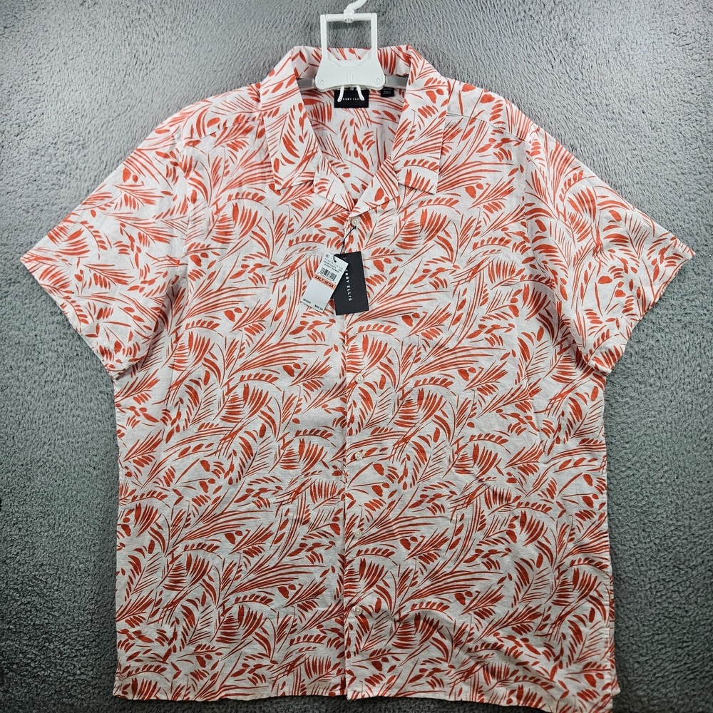 $89 NEW Perry Ellis Summer Shirt Men 3XLT Linen Leaf Short Sleeve Orange White